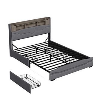 Bed Frame with Storage Headboard, 4 Drawers +RGB LED Lights & Charging Station, No Box Spring Needed