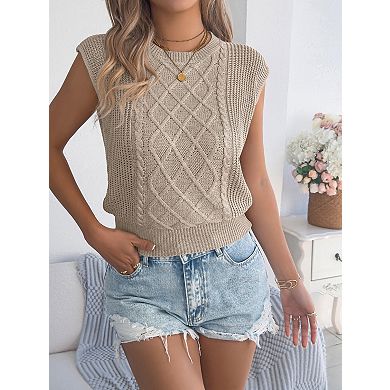 Women's Sleeveless Batwing Knit Top Crewneck Cable Knit Casual T-Shirt