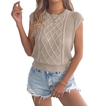 Women's Sleeveless Batwing Knit Top Crewneck Cable Knit Casual T-Shirt