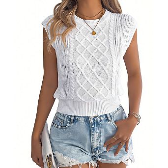 Women's Sleeveless Batwing Knit Top Crewneck Cable Knit Casual T-Shirt