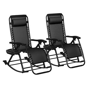 2 Outdoor Rocking Chairs, Foldable Reclining Zero Gravity Lounge Rocker with Pillow, Cup