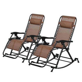 2 Outdoor Rocking Chairs, Foldable Reclining Zero Gravity Lounge Rocker with Pillow, Cup