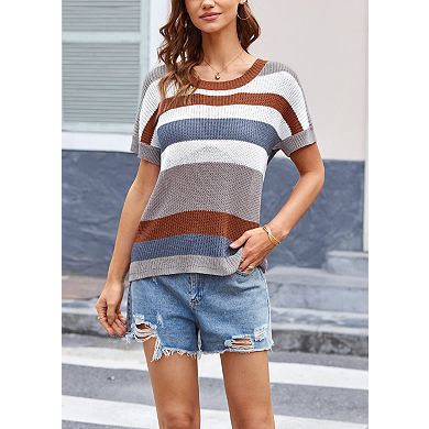 Women's Striped Patchwork Knit Top Short Sleeve Casual Pullover T-Shirt