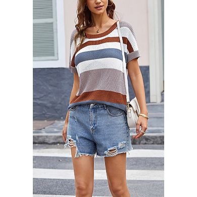 Women's Striped Patchwork Knit Top Short Sleeve Casual Pullover T-Shirt