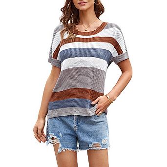 Women's Striped Patchwork Knit Top Short Sleeve Casual Pullover T-Shirt