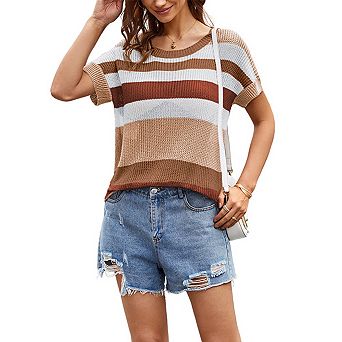 Women's Striped Patchwork Knit Top Short Sleeve Casual Pullover T-Shirt