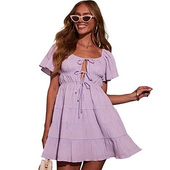 Women's Tie-Front Flutter Sleeve Mini Dress Boho Smocked Summer Babydoll Dress