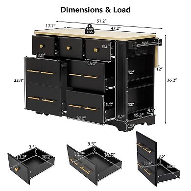 51.2 in.Kitchen Island with 6 Drawers and 5 Open Side Racks for Kitchen