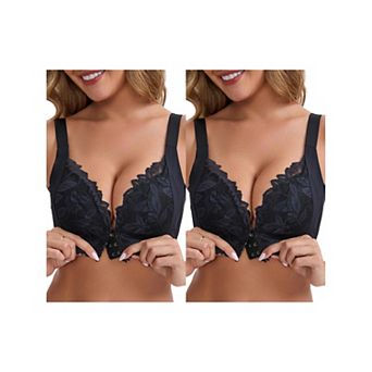 2 Packs Women's DeepV Adjustable Straps Soft Underwire Support Minimizers Push-Up Front Closure Bras