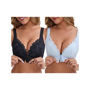 2 Packs Women's DeepV Adjustable Straps Soft Underwire Support Minimizers Push-Up Front Closure Bras