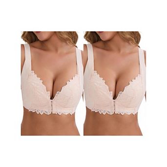 2 Packs Women's DeepV Adjustable Straps Soft Underwire Support Minimizers Push-Up Front Closure Bras