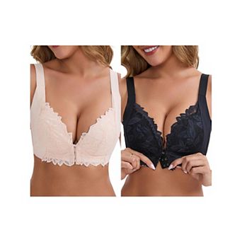 2 Packs Women's DeepV Adjustable Straps Soft Underwire Support Minimizers Push-Up Front Closure Bras