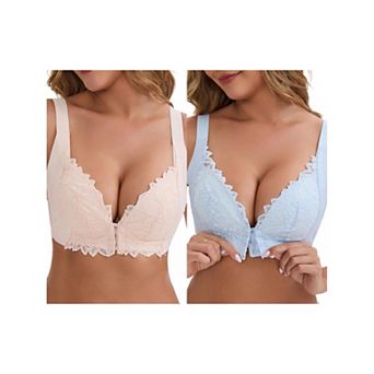 2 Packs Women's DeepV Adjustable Straps Soft Underwire Support Minimizers Push-Up Front Closure Bras