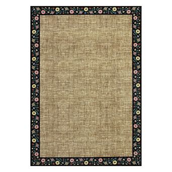 Machine Washable Non-Slip Floral Border Rug, Foldable Low Pile Ultra-Thin Carpet for Living Room