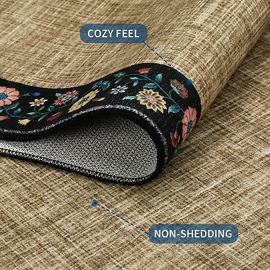 Machine Washable Non-Slip Floral Border Rug, Foldable Low Pile Ultra-Thin Carpet for Living Room