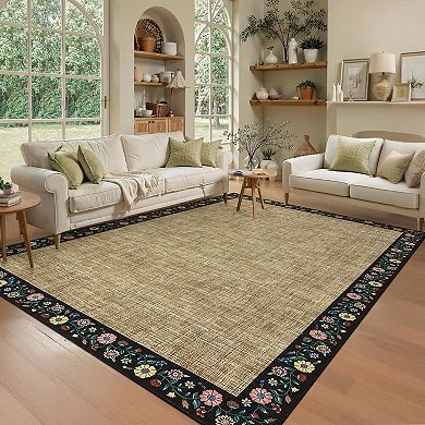 Machine Washable Non-Slip Floral Border Rug, Foldable Low Pile Ultra-Thin Carpet for Living Room