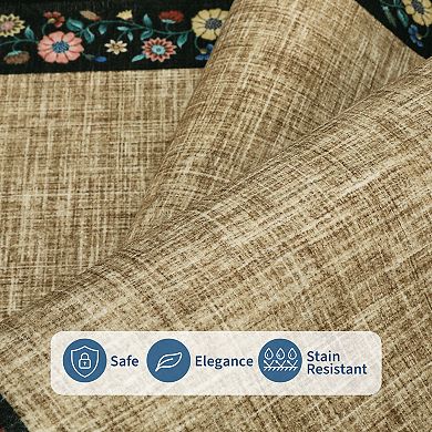 Machine Washable Non-Slip Floral Border Rug, Foldable Low Pile Ultra-Thin Carpet for Living Room