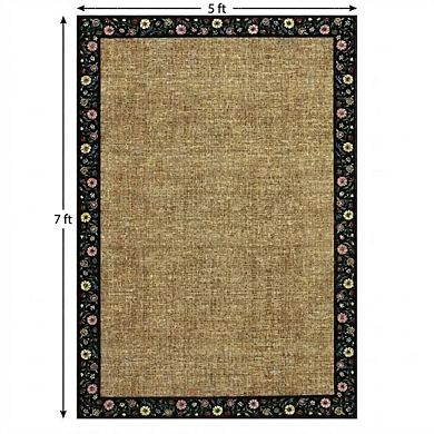 Machine Washable Non-Slip Floral Border Rug, Foldable Low Pile Ultra-Thin Carpet for Living Room