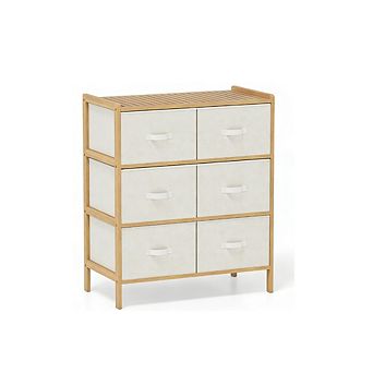 Gymax Fabric Dresser w/ 6 Drawers Bamboo Storage Tower w/ 6 Folding Fabric Bins