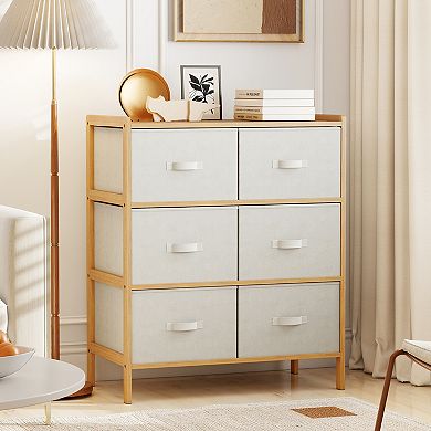 Gymax Fabric Dresser w/ 6 Drawers Bamboo Storage Tower w/ 6 Folding Fabric Bins