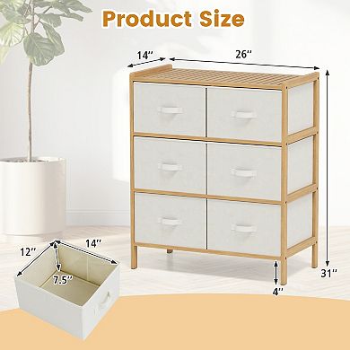Gymax Fabric Dresser w/ 6 Drawers Bamboo Storage Tower w/ 6 Folding Fabric Bins