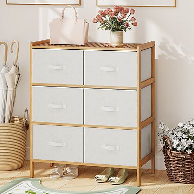 Gymax Fabric Dresser w/ 6 Drawers Bamboo Storage Tower w/ 6 Folding Fabric Bins