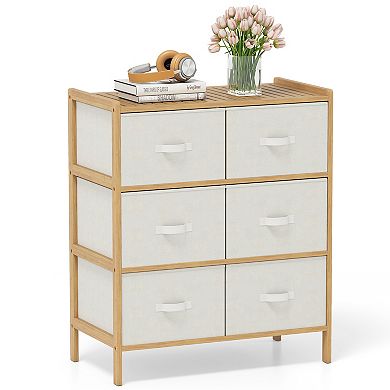 Gymax Fabric Dresser w/ 6 Drawers Bamboo Storage Tower w/ 6 Folding Fabric Bins