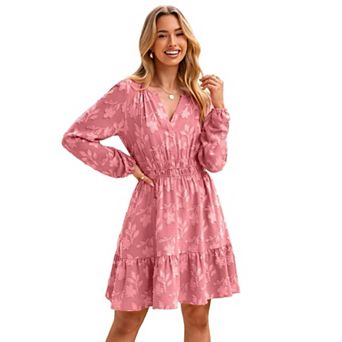 Women's Floral Jacquard V-Neck Long Sleeve Mini Dress, Smocked Waist Ruffle Hem Casual Dress