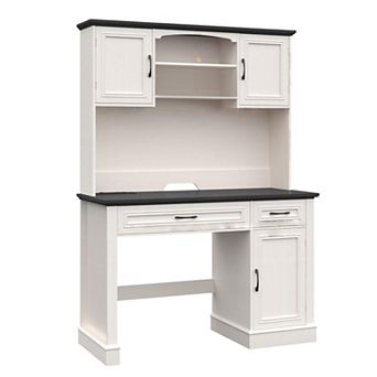 Farmhouse Executive Desk with Hutch, LED Lights, Charging Station and Storage Cabinet