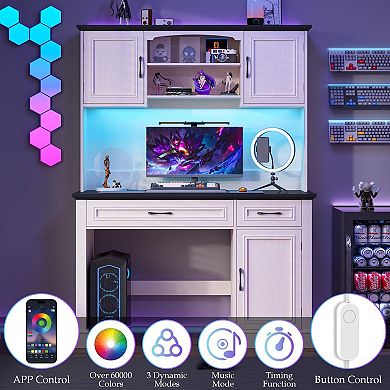 Farmhouse Executive Desk with Hutch, LED Lights, Charging Station and Storage Cabinet