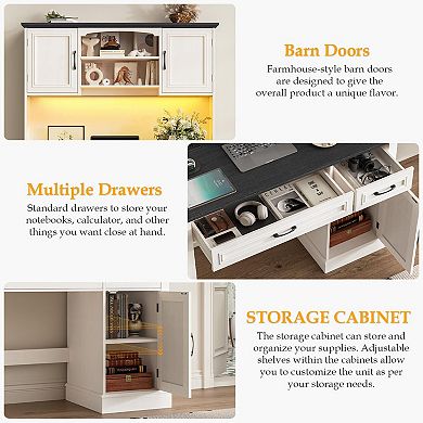 Farmhouse Executive Desk with Hutch, LED Lights, Charging Station and Storage Cabinet