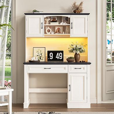 Farmhouse Executive Desk with Hutch, LED Lights, Charging Station and Storage Cabinet