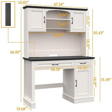 Farmhouse Executive Desk with Hutch, LED Lights, Charging Station and Storage Cabinet