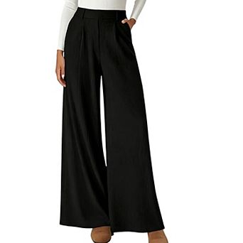 Women's Elastic High Waist Wide Leg Pants, Ribbed Business Casual Palazzo Trousers