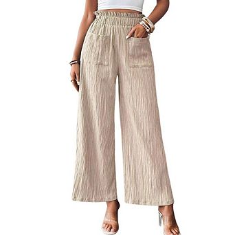 Womens Wide Leg Elastic Waisted Palazzo Adjustable Drawstring Casual Long Pleated Pants with Pockets