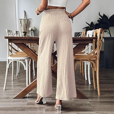 Womens Wide Leg Elastic Waisted Palazzo Adjustable Drawstring Casual Long Pleated Pants with Pockets
