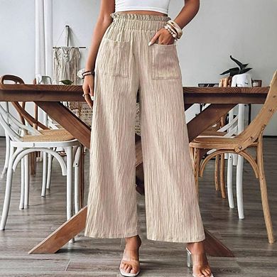 Womens Wide Leg Elastic Waisted Palazzo Adjustable Drawstring Casual Long Pleated Pants with Pockets