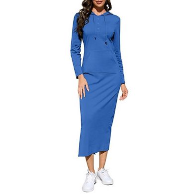 Women's Casual Long Sleeve Side Slit Pullover Hoodie Dresses Solid Color Long Dress with Pockets