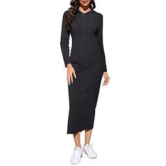 Women's Casual Long Sleeve Side Slit Pullover Hoodie Dresses Solid Color Long Dress with Pockets