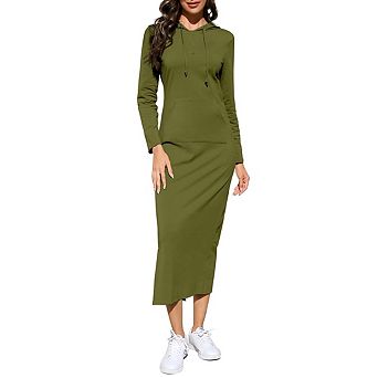 Women's Casual Long Sleeve Side Slit Pullover Hoodie Dresses Solid Color Long Dress with Pockets