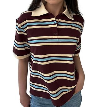 Women's Y2K Striped Colorblock Polo Shirt Short Sleeve Button-Up, Loose Fit Preppy Aesthetic Tee