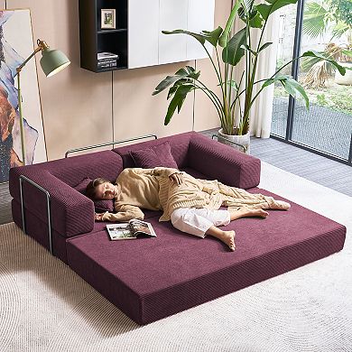 81.6" Convertible Sleeper Sofa Bed with 2 Pillows, Folding Mattress, Removable Washable Floor Couch