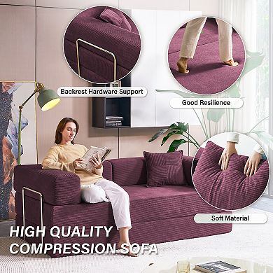 81.6" Convertible Sleeper Sofa Bed with 2 Pillows, Folding Mattress, Removable Washable Floor Couch