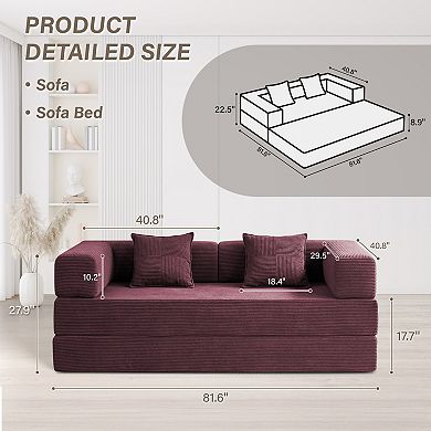 81.6" Convertible Sleeper Sofa Bed with 2 Pillows, Folding Mattress, Removable Washable Floor Couch