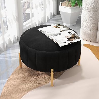 SEYNAR Modern Velvet Round Storage Ottoman with Gold Legs