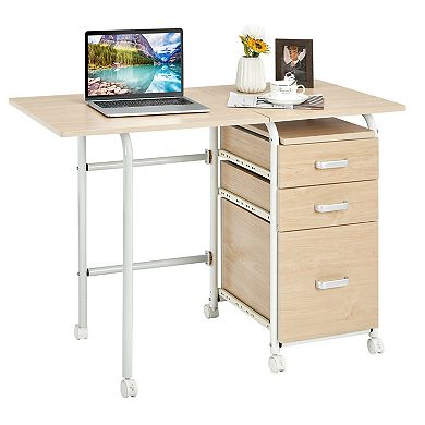 Gymax Folding Computer Laptop Desk Wheeled Home Office Furniture w/3 Drawers