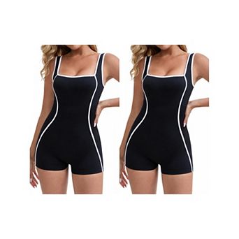 2 Packs Women's Color Block Square Neck Sleeveless Jumpsuits Slimming Waist Tummy Control Bodysuits