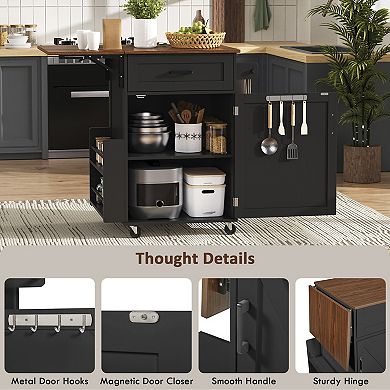 39.3 in. Farmhouse Kitchen Island with Drop Leaf and Open Side Rack for Lawn Garden