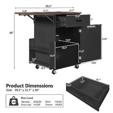 39.3 in. Farmhouse Kitchen Island with Drop Leaf and Open Side Rack for Lawn Garden