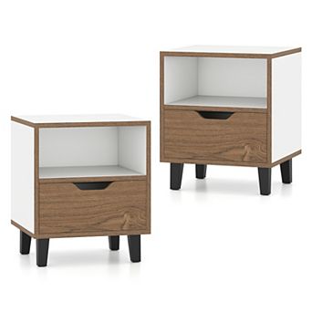 Gymax Nightstand Mid Century Modern Bedside Table w/ Drawer & Open Storage Shelf for Bedroom